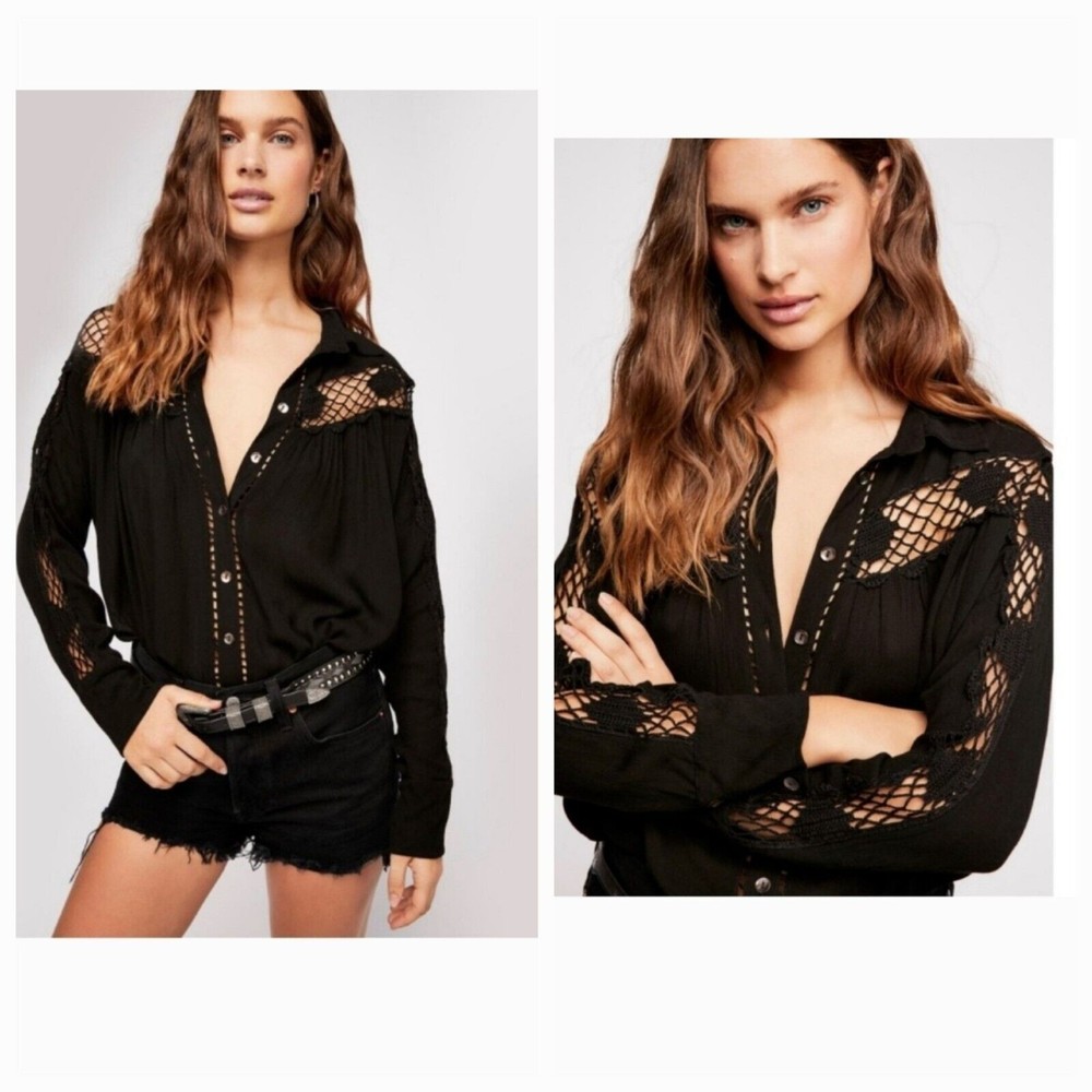 Free People Women's Katie Bird Buttondown  Black Shirt SZ XS